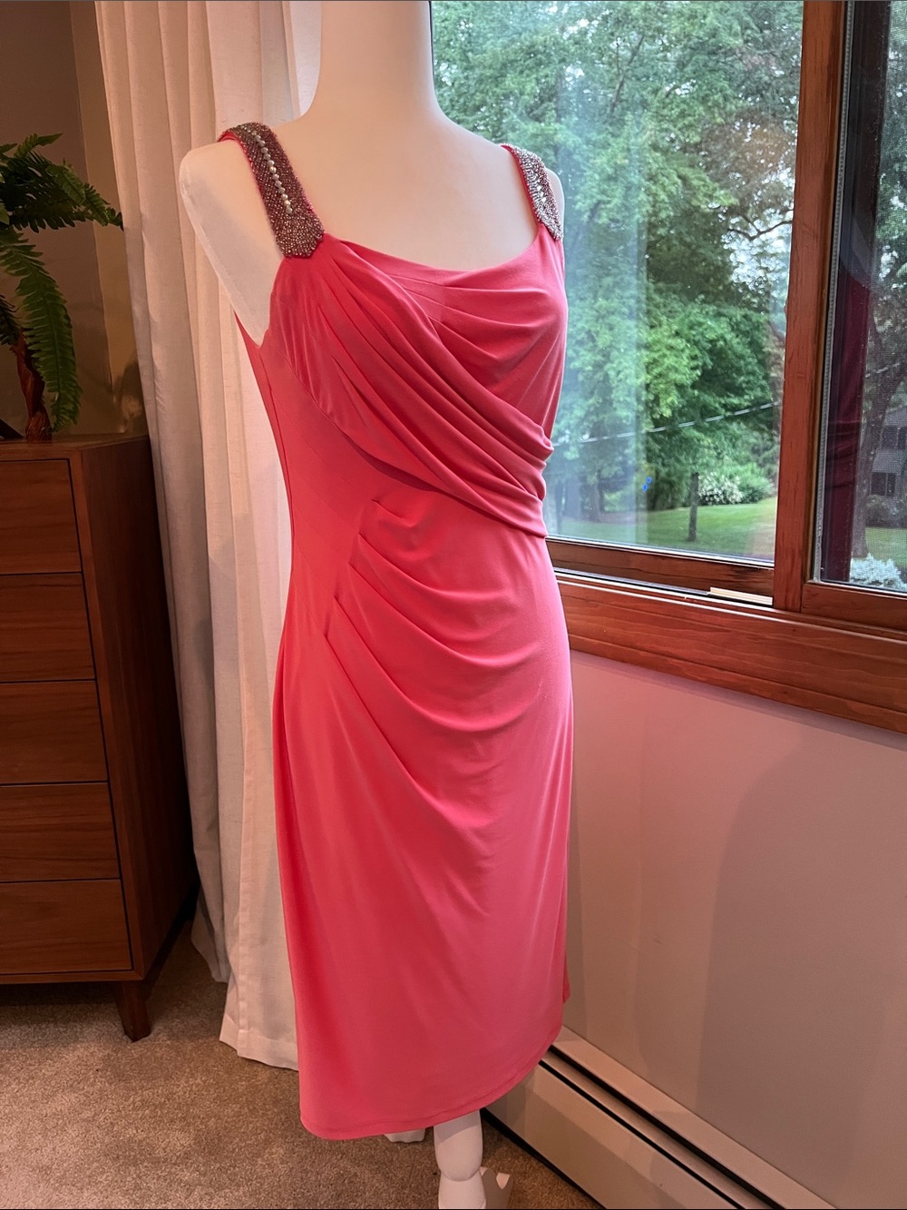 Lauren Ralph Lauren Coral Ruched Midi Dress with Beaded Straps